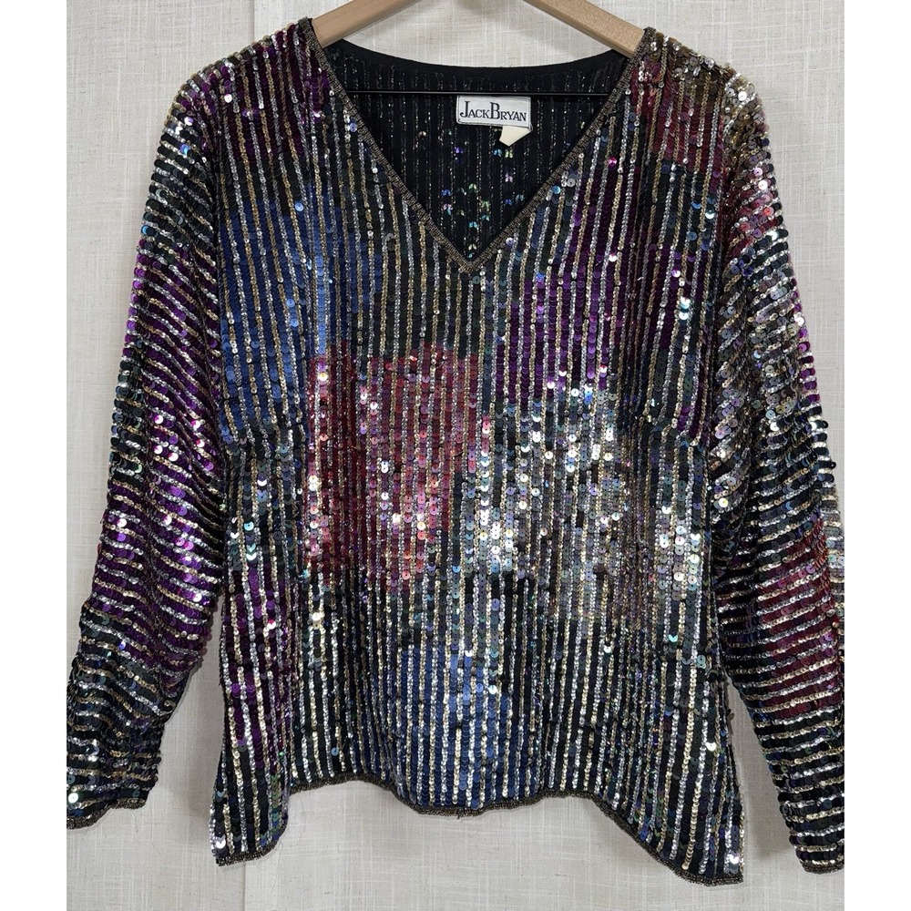 Vintage Jack Bryan Color Colorful Sequin Top Silk Women's 8 10 Shirt - Picture 2 of 9